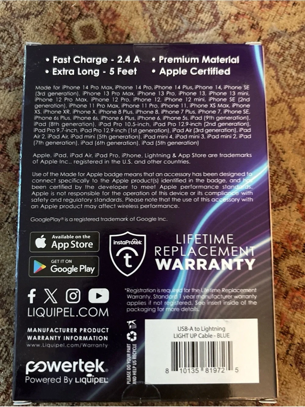 Light-Up USB-A to Lightning Cable - Blue (5 ft)